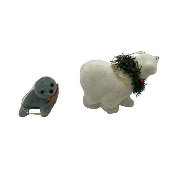 2 Fuzzy Christmas Ornaments Seal & Polar Bear Flocked Holiday Decor Kitsch Retro - Picture 3 of 12